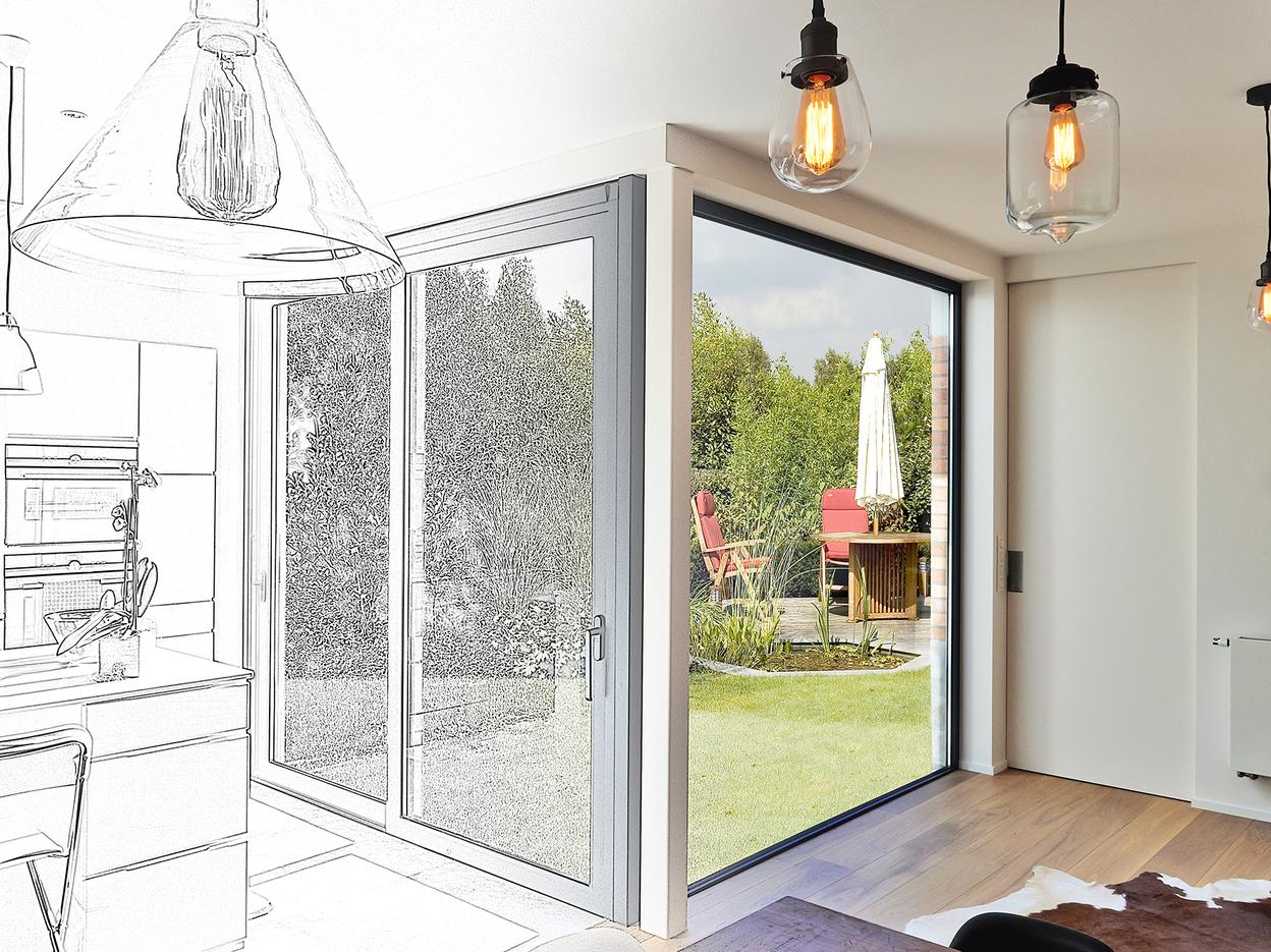 Küche und Terrasse frei planen Küche mit Blick in den Garten Zeichnung